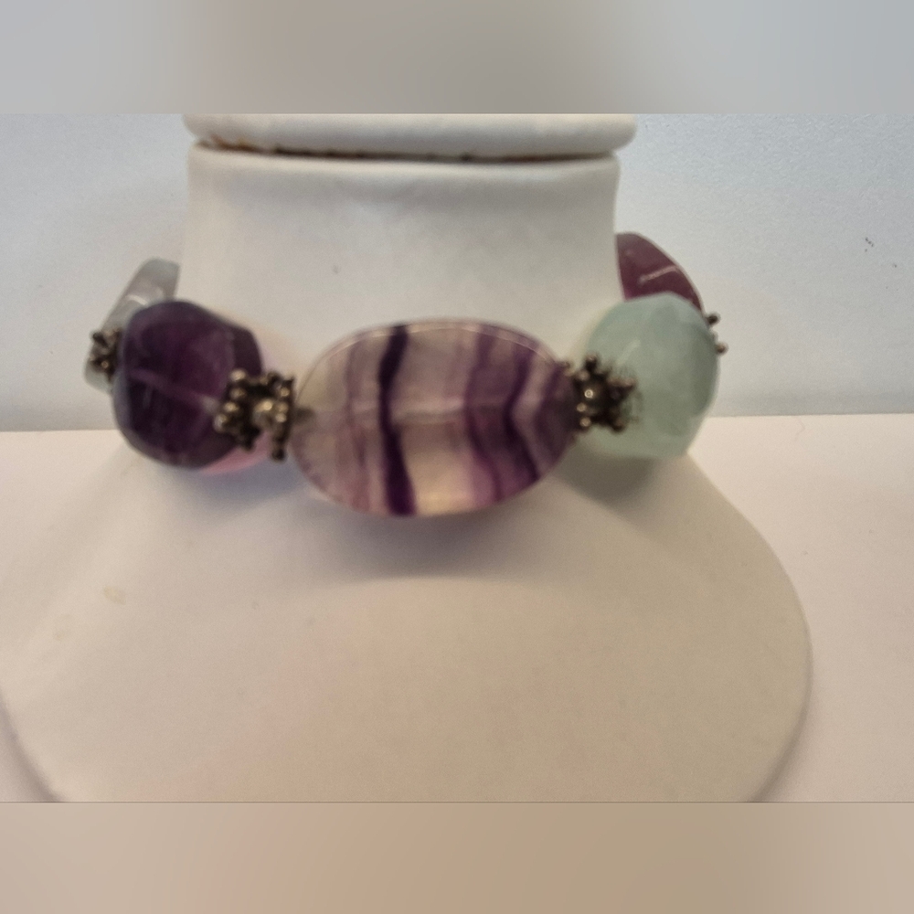 Chic Purple and Green Flat Beaded Bracelet 8 Inch Toggle Clasp
